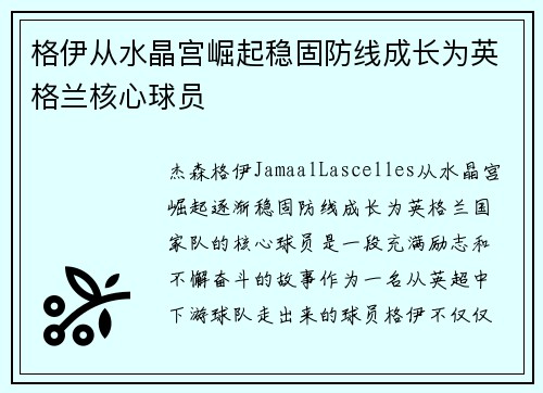格伊从水晶宫崛起稳固防线成长为英格兰核心球员
