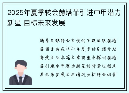 2025年夏季转会赫塔菲引进中甲潜力新星 目标未来发展